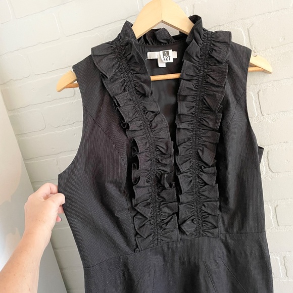 JOSEF Pencil Dress Pinstripe Charcoal Black/White Ruffled V neckline Luxury 10 - Picture 3 of 12